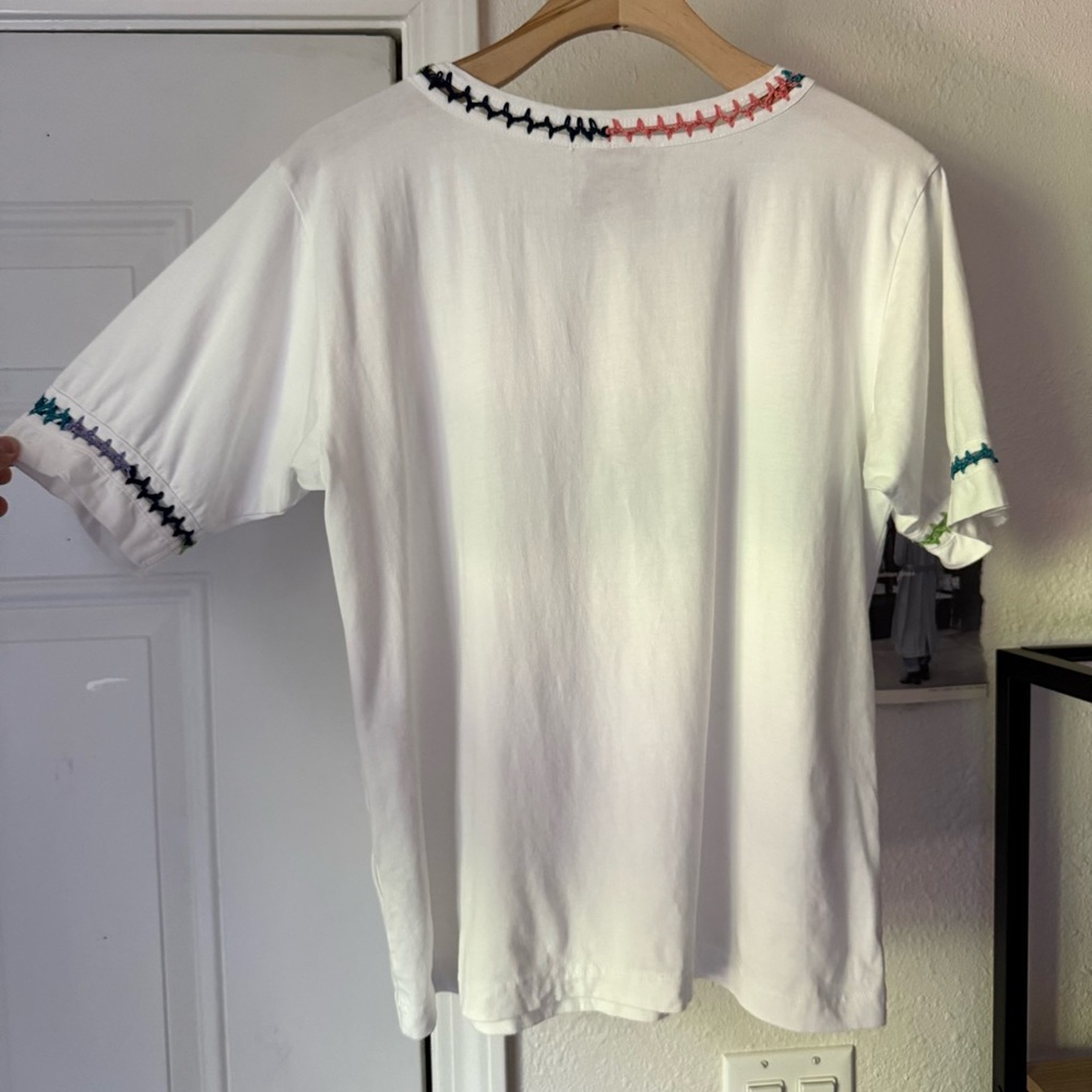 JOHNNY WAS white rainbow stitch detail cotton crew neck short sleeve tee t-shirt - Picture 4 of 6